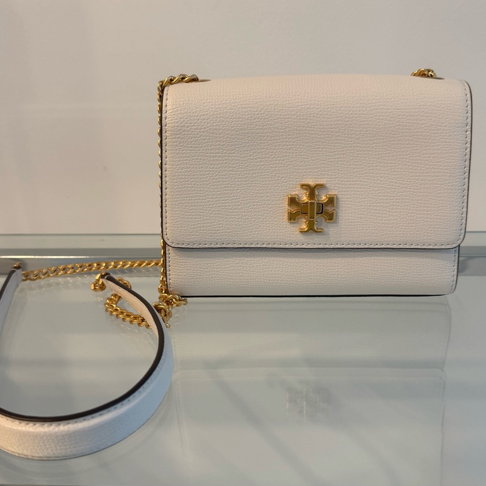 Tory Burch Gold and White Crossbody Bag with Flap Closure